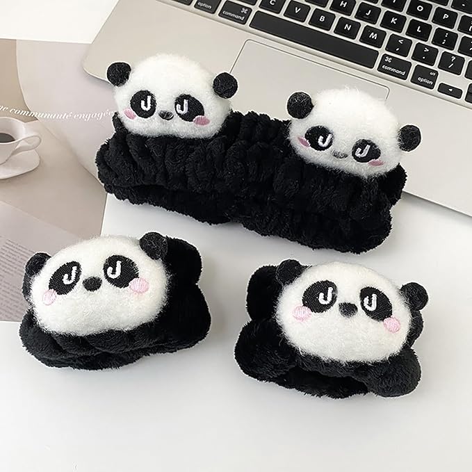 6PCS Cute Cat Ears Spa Headband for Washing Face Makeup Skincare Headband with Wrist Bands, Sleepover Party Supplies for Women/Teen Girl Trendy Stuff Present (6PCS Panda, standard size)