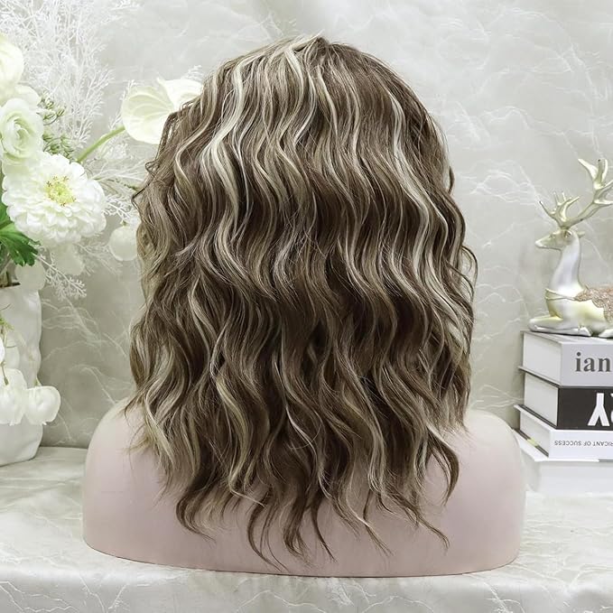 Synthetic Lace Front Wigs: Brown Highlight Ash Blonde 13*4 Inches Lace Front Wig, Short Bob Curly Wigs Synthetic Hair 16 Inches Wig Free Part with Natural Hairline Shoulder Length (Blonde Brown)