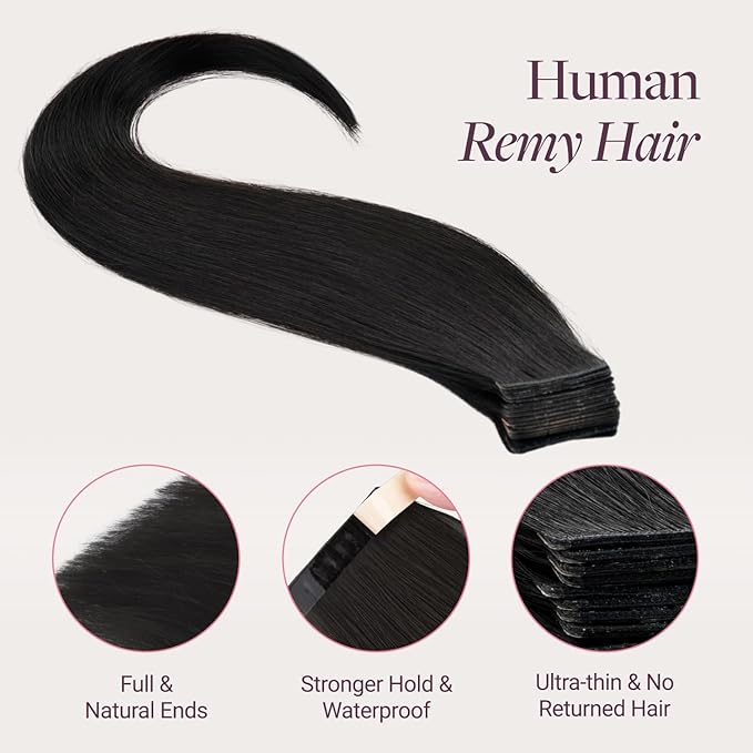 GOO GOO Genius Tape in Hair Extensions, Hand Tied Tape Weft, 1B Natural black, 14inch 50g 20pcs, Remy Human Hair, Seamless Invisible Tape, Natural Blend, Lightweight