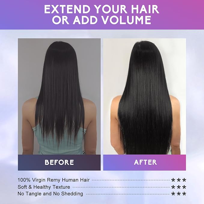 Clip in Hair Extensions Real Human Hair, 26Inch 130g, 1B Natural Black, Invisible Seamless Straight Remy Human Hair Extensions Cip ins for Women 8pcs Per Set with Double Weft