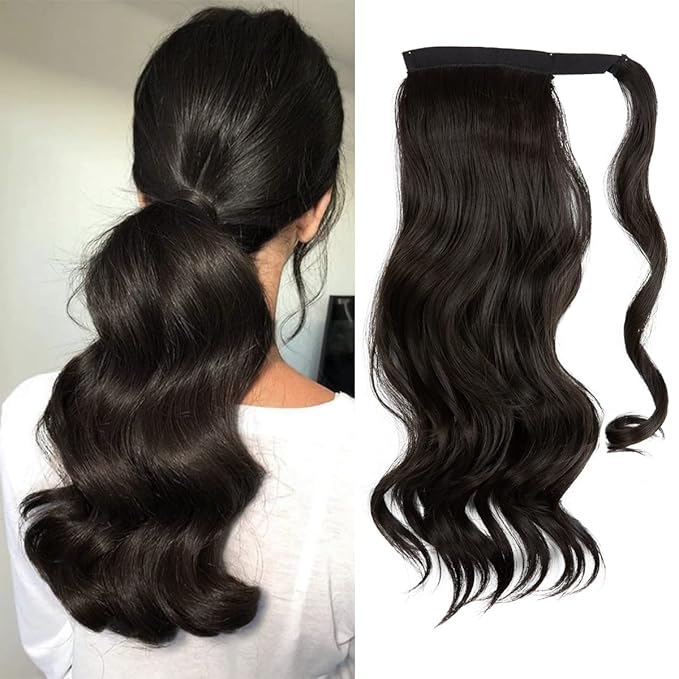 CJL HAIR 18" Long Ponytail Hair Extension Wrap Around Pony Tail Clip in Curly Wavy Synthetic Fake Hairpiece for Women Black Brown