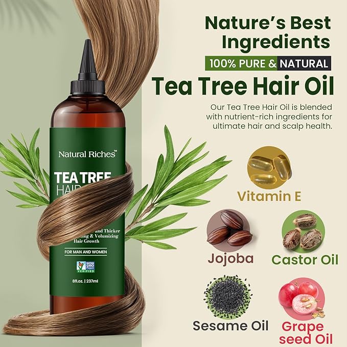 Natural Riches Tea Tree Oil for Hair - Blended with Vitamin E and Castor Oil for Hair Growth - Tea Tree Scalp Treatment for Dry Scalp - Lightweight Scalp Oil for Healthy, Strong Hair - 8 fl oz