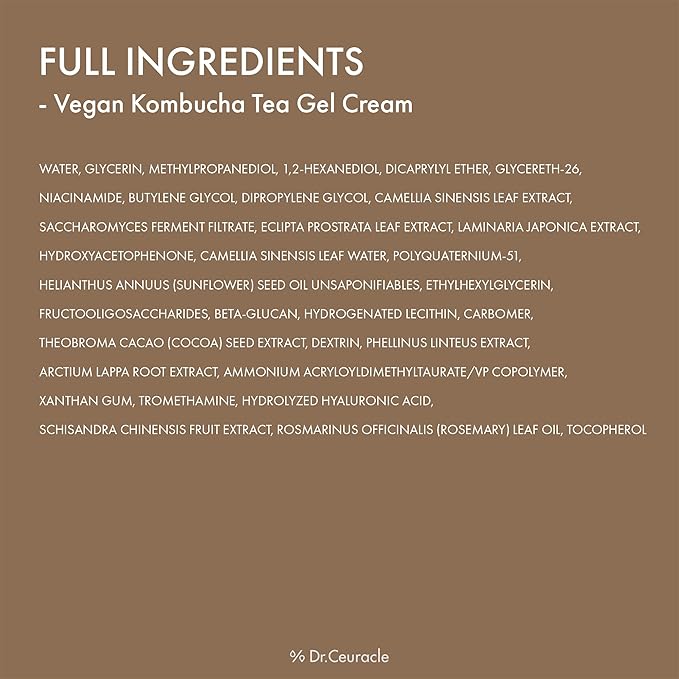Dr.Ceuracle Vegan Kombucha Tea Gel Cream - Lightweight Watery Hydrating Moisturizer with Kombucha Tea Extract, Sunflower Seed Oil, Korean Skincare (75 g / 2.64 oz.)