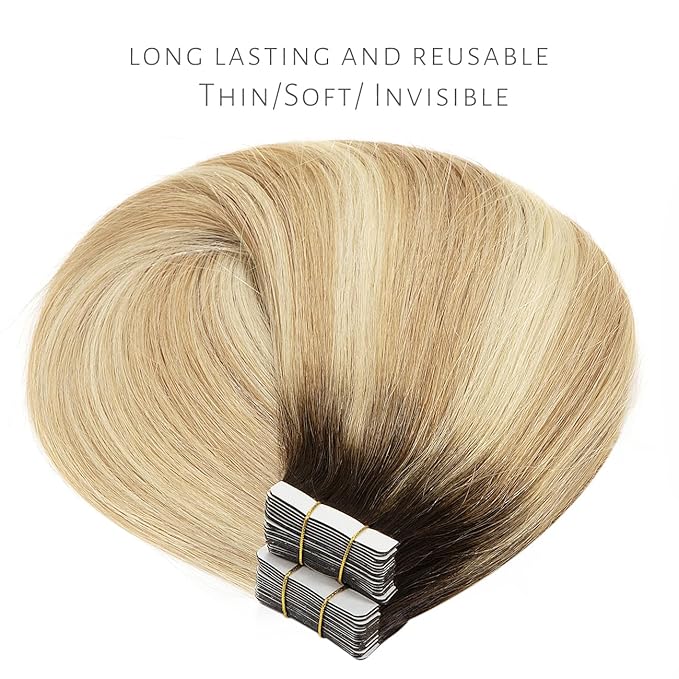 Lacer Remy Human Hair Extensions Tape Ins 20 Inch Tape in Real Human Hair Extensions Pu Skin Weft Color Caramel Blonde Mixed Bleach Blonde with Darkest Brown Roots 50 Gram R#2-27/613