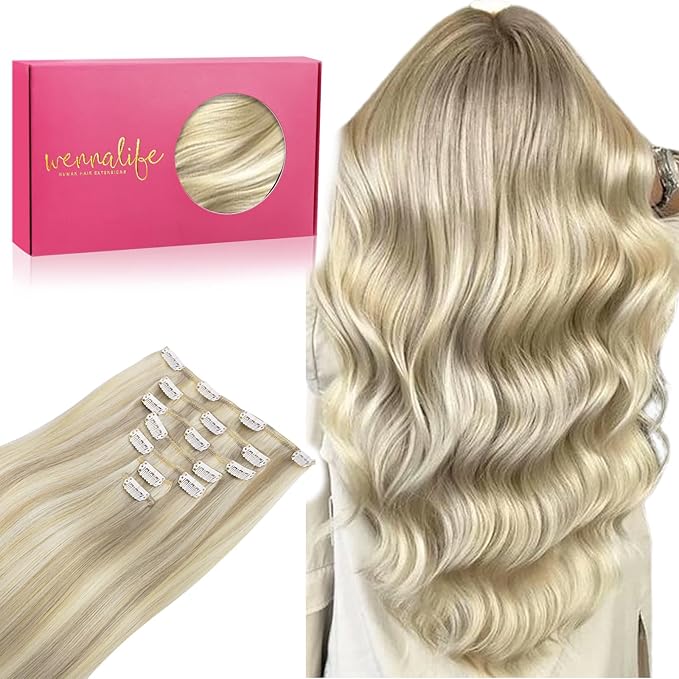 WENNALIFE Clip in Hair Extensions, 20 Inch 120g 7pcs Ash Blonde Highlighted Platinum Blonde Remy Hair Double Weft Straight Natural Extensiones De Cabello Humano Con Clip Ins