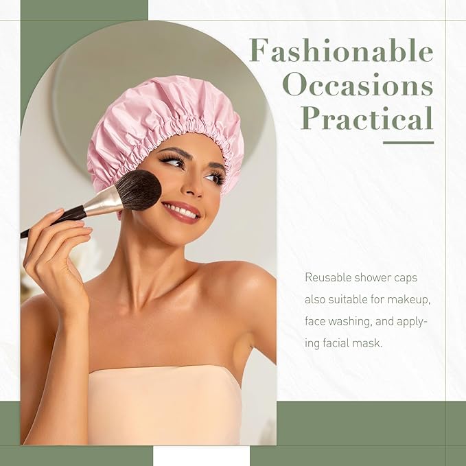 Reusable Shower Cap for Women, Large Waterproof Shower Essentials Bonnet Washable Elastic Band Bath Hair Wrap Hat for Long Hair, Braids(Pink&Black)