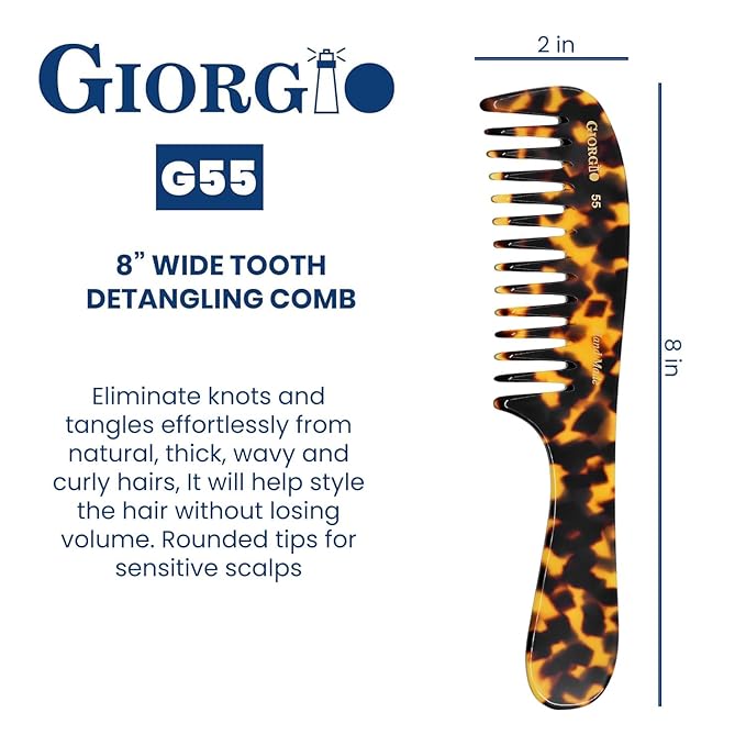 Giorgio G55 Wide Tooth Comb for Wet Hair Detangling Comb, Hair Comb for Thin to Medium Thickness Hair Detangler, Hair Combs for Women, Handmade Large Tooth Comb Rake Comb Saw-Cut and Hand Polished