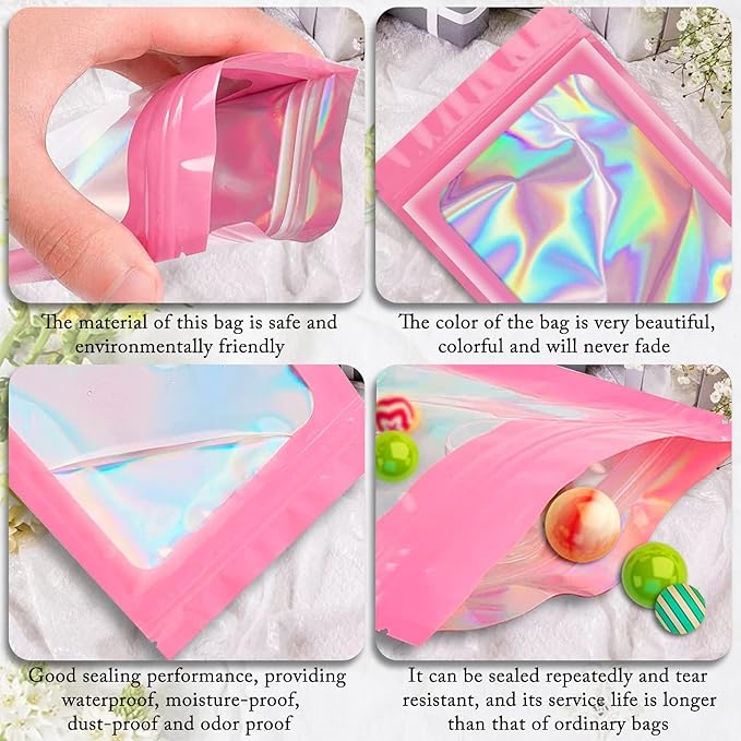 ANZNKU 100 Pcs Smell Proof Mylar Resealable Bags, Holographic Packaging Bags, Resealable Odor Foil Pouch Zip Bag with Clear Window for Food Storage and Lipgloss, Jewelry Lash(Pink, 4.7 x 7.9 Inch)