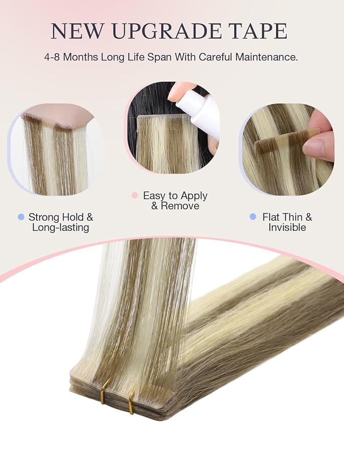 DOORES Invisi Edge Tape in Hair Extensions Human Hair, Light Brown Highlighted Medium Blonde 10 Injection Tape-ins with 10 Injection Tape-ins 50g 14 Inch, Virgin Tape in Extensions