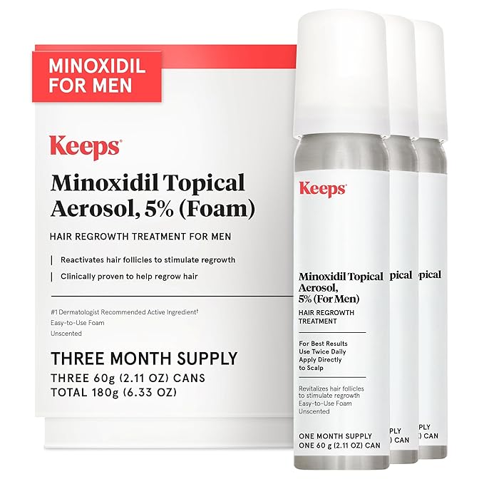 Keeps Extra Strength Minoxidil for Men - 5% Minoxidil Foam Hair Loss & Regrowth Treatment for Thinning & Bald Spots - Clinically Proven Hair Growth Products - Unscented Topical Aerosol Foam