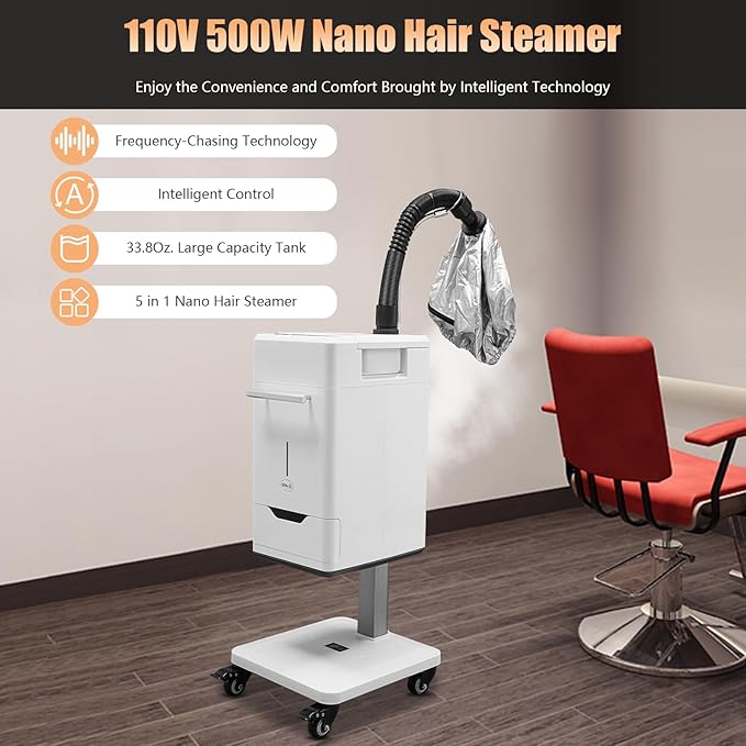 110V 500W Nano Hair Steamer, Electric Multifunctional Anion Hair Dyeing Machine, Hair Oil Machine with 2 Steamed HairHats & 4 Wheels, Stand Up Base Salon Spa Equipment