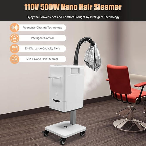 110V 500W Nano Hair Steamer, Electric Multifunctional Anion Hair Dyeing Machine, Hair Oil Machine with 2 Steamed HairHats & 4 Wheels, Stand Up Base Salon Spa Equipment