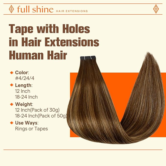 Full Shine Human Hair Tape in Extensions Ombre Hair Extensions 20PCS Tape ins 50G 22INCH Color Medium Brown to Blonde and Medium Brown Seamless Women Soft Remy Hair Extensions No Glue No Clips