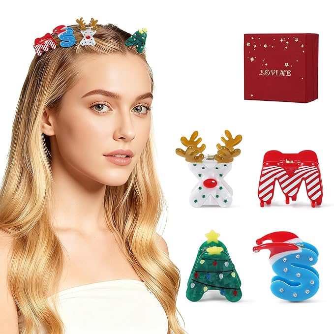 XMAS Original Italian Designed Small Hair Clips for Women, Strong Grip Acetate Hair Claw for Girls, Cute Christmas Tree, Reindeer Hair Accessories With Gift Box