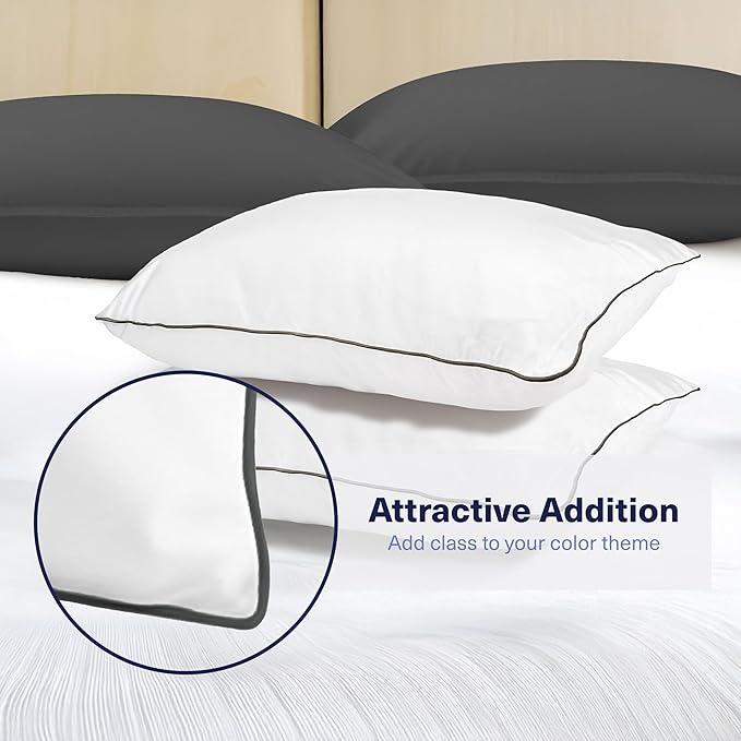 Kickoff Viscose Bamboo Pillowcase, Queen, Set of 2, 100% Organic Hidden Zippered Viscose Bamboo Pillow Case Queen Size, Cooling Pillow Cover for Hot Sleepers (20"x30", Trimmed, Pewter)