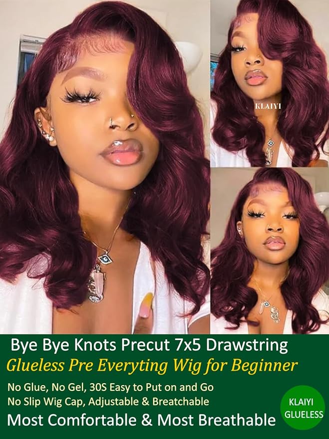 KLAIYI Black Cherry Bob Loose Body Wave Precut 7x5 HD Lace Front Wigs Human Hair Glueless Bye Bye Knots Drawstring Red Burgundy Wig with Curtian Bang Pre Plucked Bleached Ready to Put On And Go 12Inch