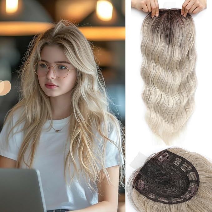 Hair Topper, 360° 3D Hair Toppers for Women with Thinning Crown, 20 Inch Long Wavy Curly Hair Pieces Clip in Bangs (Ash Blonde Mix Highlights with Brown Root, 20 inch, Side Bangs)
