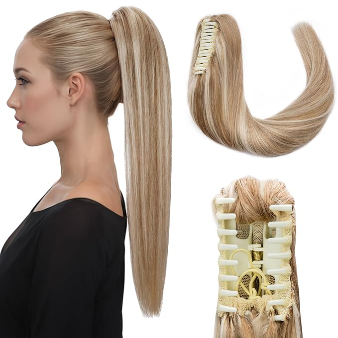 Hairro Claw Clip In Ponytails 100% Real Human Hair Ponytail Hair Extensions Jaw On Ponytail Jaw/Claw Clips Pony Tail Hairpieces For Women 14 Inch 105g #12P613 Golden Brown Mix Bleach Blonde