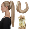 Hairro Claw Clip Ponytail Human Hair Extensions Jaw On Ponytails Remy Long Straight Jaw/Claw Clips Pony Tail Hairpieces For Women 18 Inch 115g #12P613 Golden Brown Mix Bleach Blonde