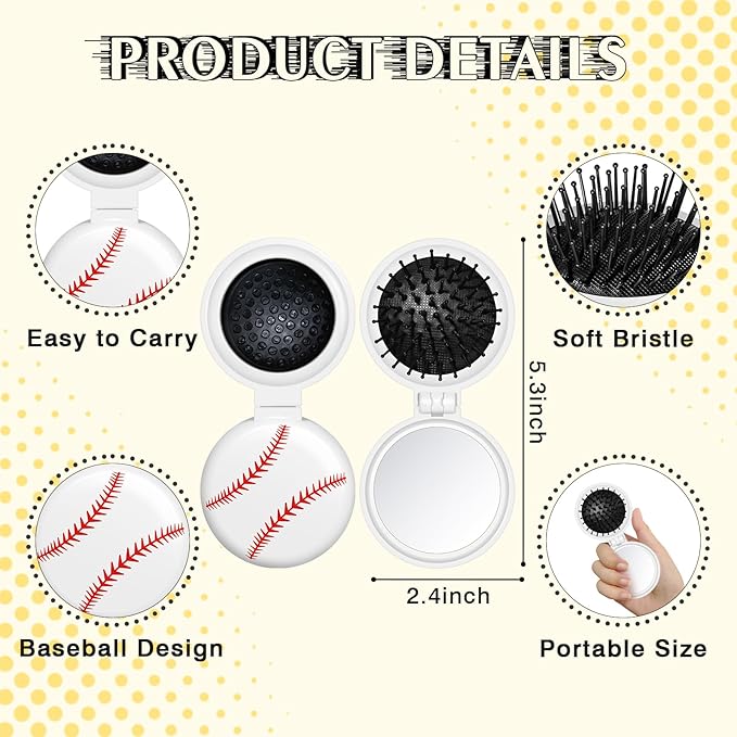 12 Pcs baseball Mini Detangler Brush, Folding Mirror Hair Brushes, Travel Hair Brush, No Tangle Soft Flexible Bristles for Straight, Curly, Thick Hair for baseball Team Gift Sport Party