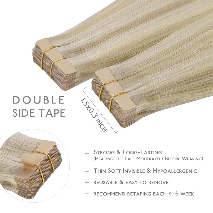 WENNALIFE Tape in Hair Extensions, 20pcs 20 Inch 50g Ash to Golden and Platinum Blonde Remy Human Hair, Coloured