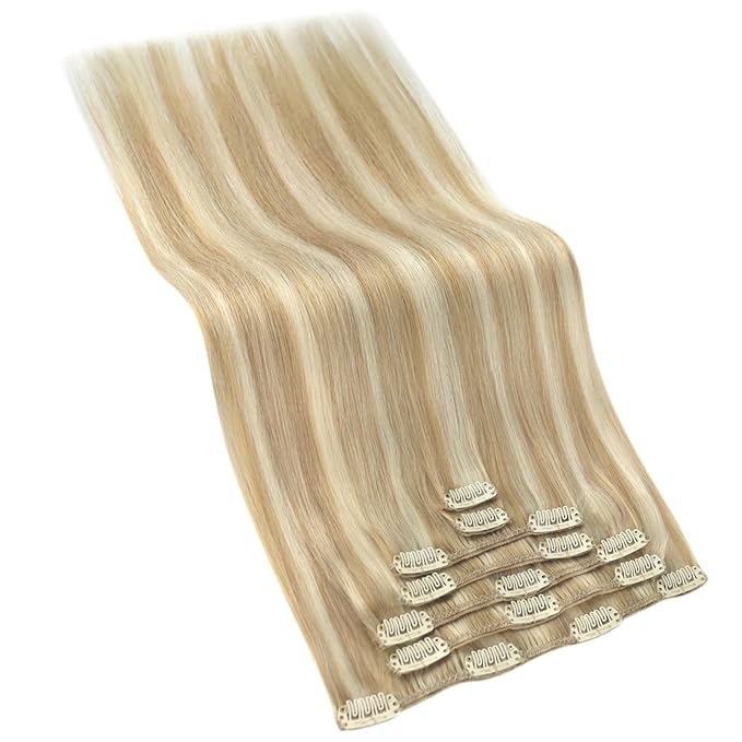 Ve Sunny Human Hair Clip in Extensions Blonde Clip in Hair Extensions Human Hair Highlight Blonde Hair Extensions Real Human Hair Clip ins Thick End 18inch 7pcs 120g