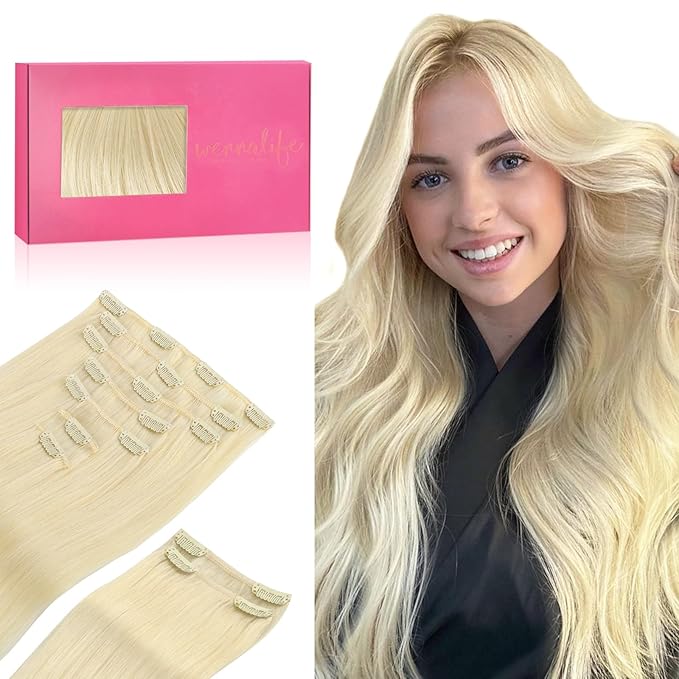 WENNALIFE Clip-in Hair Extensions, 150g 16 Inch 9pcs Bleach Blonde Human Hair Extensions Thicker Real Human Hair Clip Set Double Weft