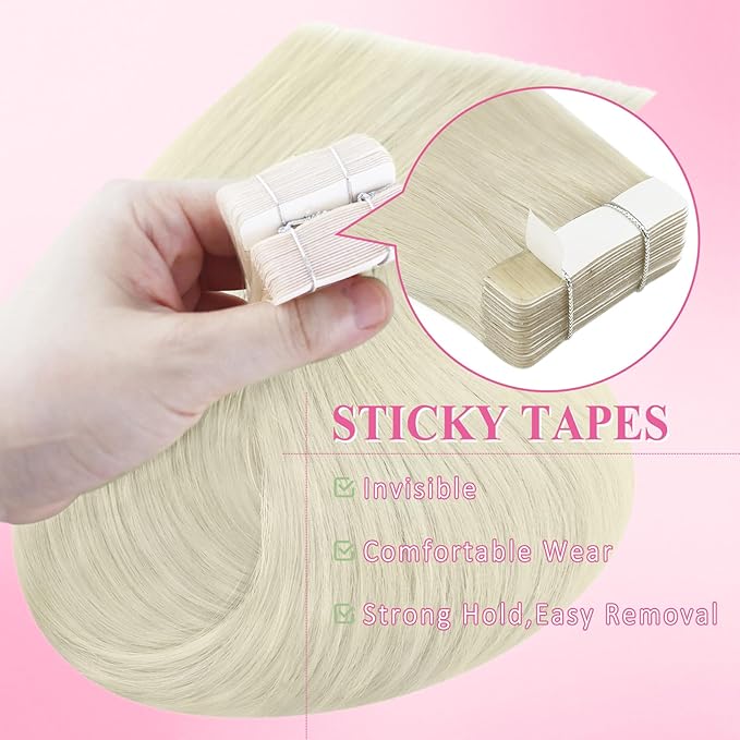 YoungSee Platinum Blonde Tape in Extensions Human Hair 24 Inch Invisible Tape in Hair Extensions Human Hair Platinum Blonde Tapes on Hair Extension Remy Hair for Long Hair 20pcs 50g