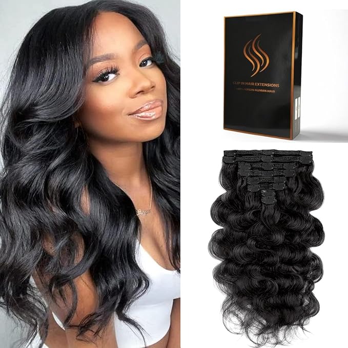 Clip in Hair Extensions Real Human Hair Body Wave 1B Natural Black Clip in 100% Brazilian Remy Human Hair Extensions 8pcs Per Set with 18 Clips Double Weft 22 Inch 110g/3.6oz