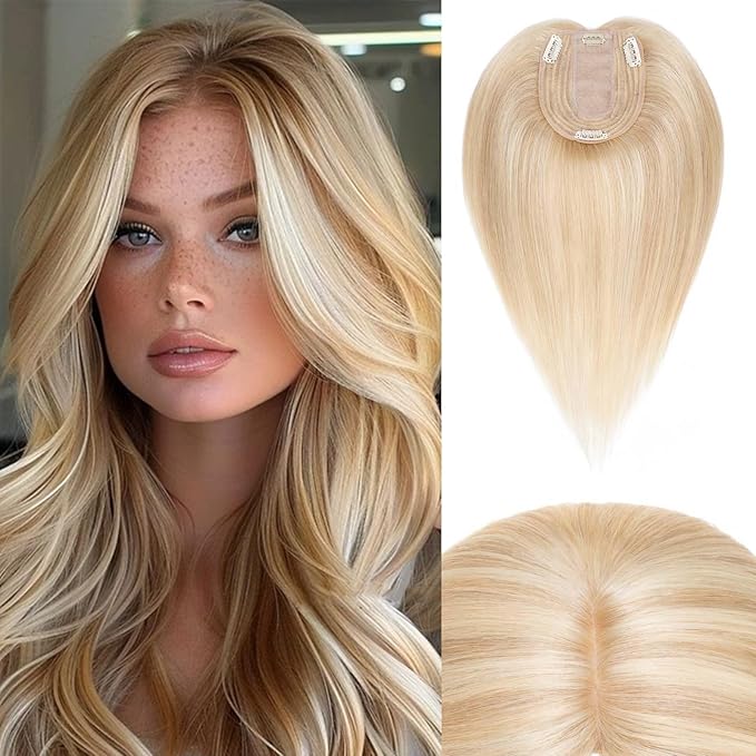Rich Choices Hair Toppers for Women Real Human Hair 100% Human Remy Toppers NO Bangs with Thinning on Top Clip in Hairpiece 4"x4.7"Lace Base 14 Inch #18P613 Ash Blonde Highlights Bleach Blonde