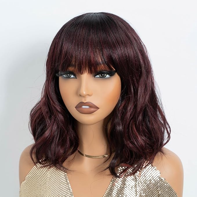 NOBLE Red Wig with Bangs for Women Short Colorful Wavy Bob Wig with Bangs Shoulder Length Ombre Wine Red Curly Wigs with Bangs Heat Resistant Synthetic Burgundy Colored Wigs for White Women