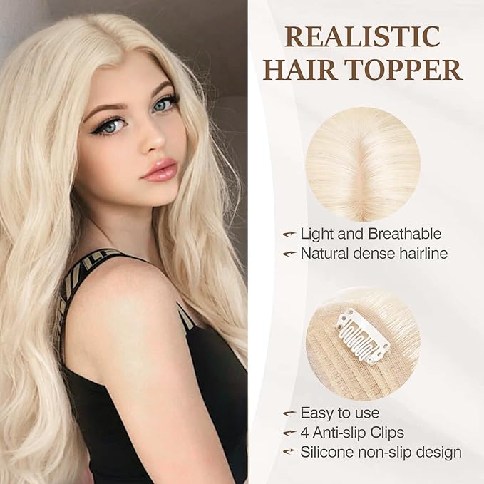 Rich Choices Hair Toppers for Women Real Human Hair 100% Human Remy Toppers NO Bangs for Women with Thinning on Top Clip in Hairpiece 4"x4.7"Lace Base 14 Inch #60 Platinum Blonde