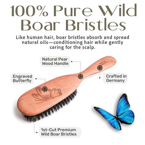100% Pure Calcutta Boar Bristle Hairbrush for Natural Healthy Hair, Stiff Bristle, Made in Germany's Black Forest
