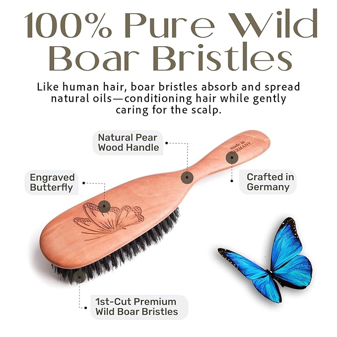 100% Wild Boar Bristle Hairbrush for Natural Healthy Hair, Medium Soft Tibet Bristles, Pear Wood Handle, Wooden Hair Brush for Fine or Thinning Hair, for Women & Men, Made in Germany's Black Forest
