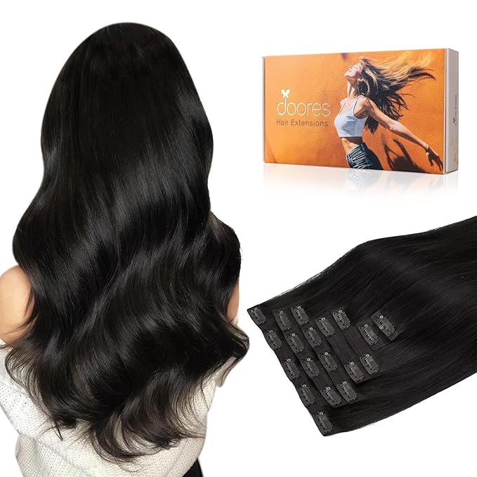 DOORES Clip in Hair Extensions, Natural Black 7pcs 14 Inch 110g,Seamless Clip in Hair Extensions Remy Straight Weft with Skin Invisi Edge Weft