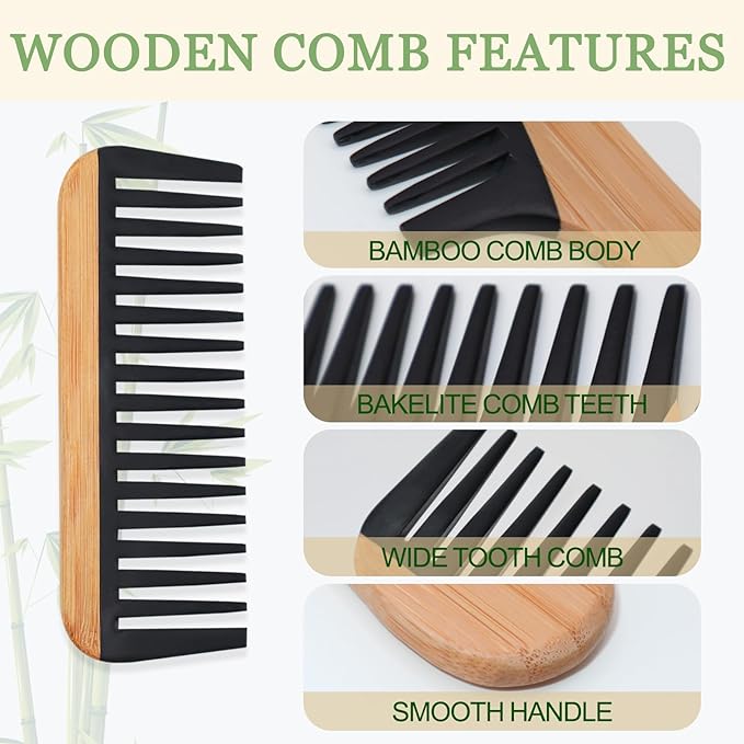 2 Pcs Bamboo Wide Tooth Comb Set - Wooden Wide Tooth Comb for Women, Anti-Static Detangling Hair Comb for Curly/Wet/Thick Hair with Bakelite Teeth