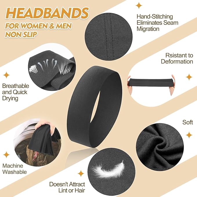 Black Headband for Women and Men - 8 Pcs Head Bands for Women's Hair Accessory Elastic Cloth Running Headbands for Workout Sport Valentines Day Gifts for Him Easter Basket Stuffers for Adult Woman