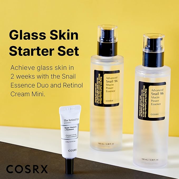COSRX Glass Skin Korean Skincare Set- Advanced 96% Snail Mucin Serum (3.38fl oz * 2pcs) & Mini Sized 0.1% Retinol Cream for Face (0.1oz)- Korean Skin Care Gift Set, Anti Aging Set