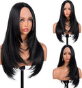 BrittyHair Black Long Straight Wig for Women 26 Inches Synthetic Layered Wig Black Lace Front Synthetic Wig Middle Part Black Straight Wig for Daily Cosplay Party Use(#1B Natural Black, 26 Inch)