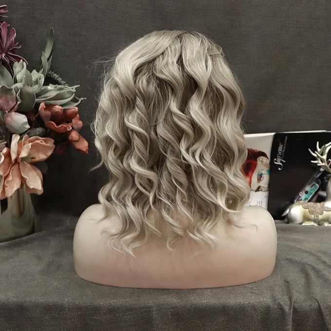 IMSTYLE Hazel Wavy Grey Wigs Short Bob Wavy Lace Front Wigs Synthetic Hair Wig 13 * 2 Inches Free Part with Natural Hairline Shoulder Length for Women