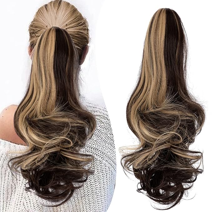 Claw Clip Ponytail Extension 18" Clip in Wavy Ponytail Hair Extensions Long Pony Tails for Women Extensions Ash Blonde Mix Brown Wave Hairpiece