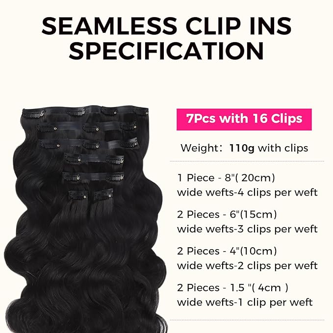 Lashey Seamless Clip in Hair Extensions Human Hair #1 Jet Black Body Wave 7pcs 110g 24 Inch Invisible PU Weft Clip in Hair Extensions Real Human Hair for Women