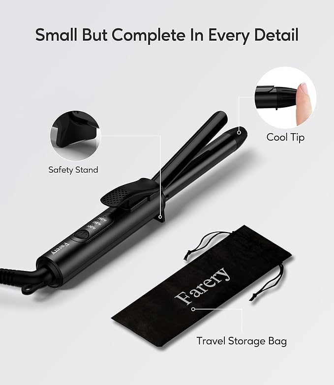 FARERY 1/2 Inch Ceramic Mini Hair Curler with 3 Adjustable Temp, 100-240V Dual Voltage, Travel Curling Iron for Short Hair, Auto-Off, Infused with Keratin & Argan Oil, Include Storage Bag, Black
