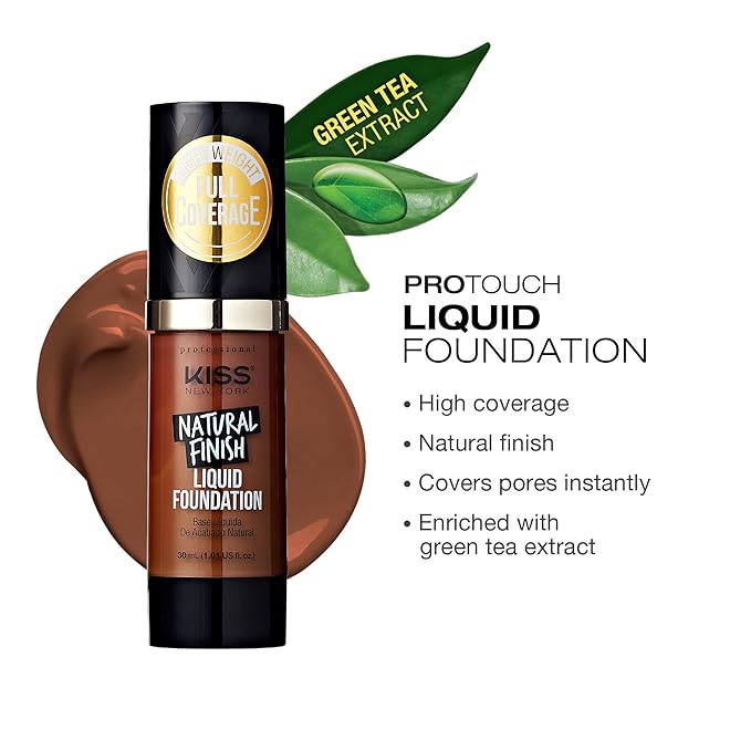 Kiss New York Professional Liquid Foundation - Lightweight and Hydrating Formula, Natural Finish, Control Shine, Cover Pores, Medium to Full Coverage, Green Tea Extract (Mocha)