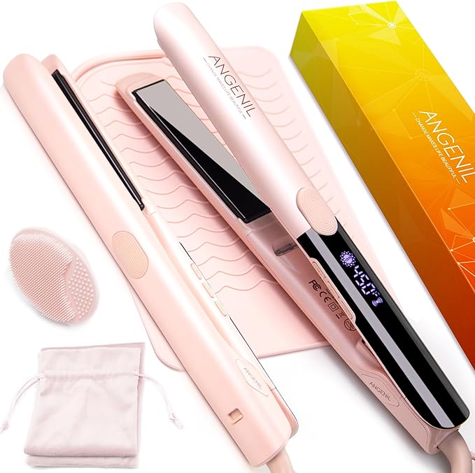 ANGENIL Pro Round Pink Dual Voltage Hair Straightener Irons, Titanium Flat Iron Hair Straightener and Curler 2 in 1 with Heat Resistant Silicone Mat, Smoothness, Large LCD Display, 20S Fast Heat Up