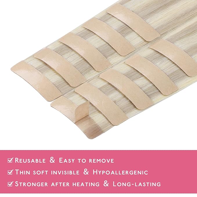 WENNALIFE Tape in Hair Extensions Human Hair Ash Blonde Highlighted Platinum Blonde Tape in Extensions, 10pcs 30g 26 inch Remy Invisible Tape Ins Straight Soft Real Human Hair Tape in Extensions