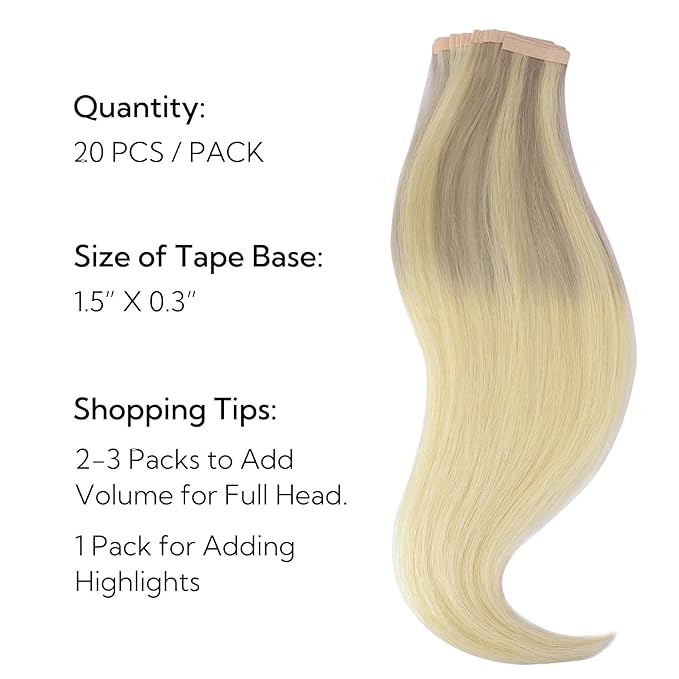 HOTBANANA Tape in Hair Extensions, 12 Inch 20pcs Ombre Ash Blonde to Golden Blonde and Platinum Blonde Tape in Hair Extensions Human Hair Tape Hair Extensions Straight Remy Tape in Extensions