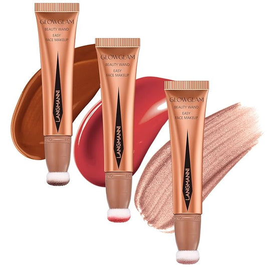 LANGMANNI Liquid Contour Beauty Wand, Face Concealer Contouring,Highlighter,Blusher Stick with Big Cushion Applicator.Cream Contour Stick For Finish Face Contour Makeup. (#02+#04+#06)