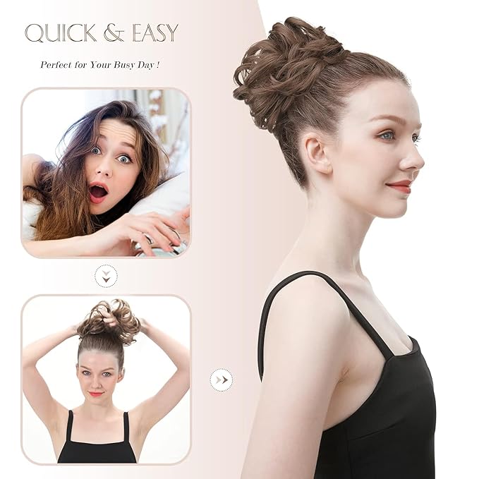 FESHFEN Messy Bun Hair Piece - Elastic Wavy Curly Hair Bun Scrunchies Extensions Synthetic Chignon Hairpieces for Women Girls, Dark Brown 1.5 oz