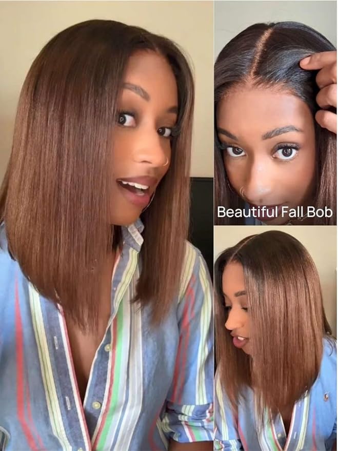 YIROO Chestnut Brown Ombre Yaki Straight Bob Wig Human Hair, 13x4 Lace Front Glueless Wig with Drawstring, Pre Everything Pre Cut Pre Plucked Pre Bleached Knots Natural Hairline Short Bob Wig 10Inch
